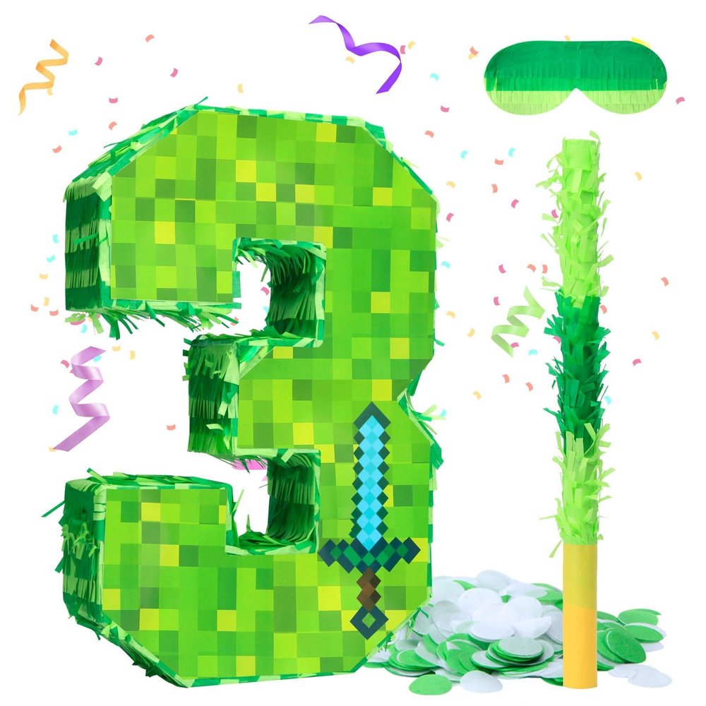 16 Inch Number 3 Pixel Pinata with Piata Stick, Blindfold, Confetti for Boys Girls Birthday Decorations, Kids Party Supplies, Easy to Fill and Hang (MinC-3th)