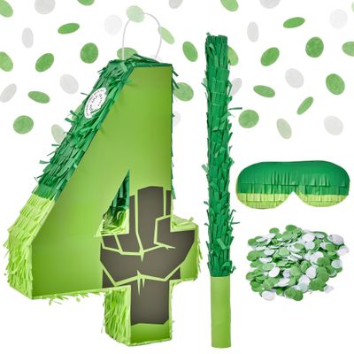 Green Number 4 Birthday Pinata for Kids 16 Inch Superhero Party Pinata with Stick, Blindfold & Confetti, Fun Birthday Game for Boys and Girls (hlk-4th)