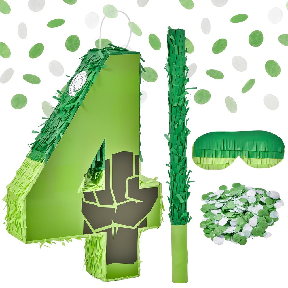 Green Number 4 Birthday Pinata for Kids 16 Inch Superhero Party Pinata with Stick, Blindfold & Confetti, Fun Birthday Game for Boys and Girls (hlk-4th)