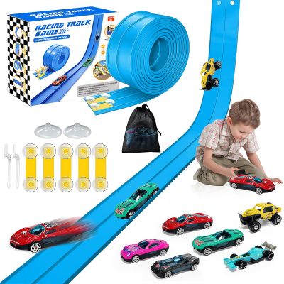 16Ft Flexible Race Track for Kids, Flex Track with 6 Race Car Track Double-Side Track Toys Compatible with 16 Suction Cups, Storage Bag Rolls Up Race Tracks Birthday Gifts for Boys Girls
