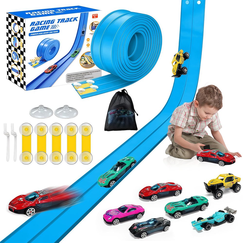 16Ft Flexible Race Track for Kids, Flex Track with 6 Race Car Track Double-Side Track Toys Compatible with 16 Suction Cups, Storage Bag Rolls Up Race Tracks Birthday Gifts for Boys Girls