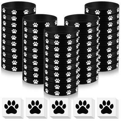 Soulchen 50 Pcs Paw Print Silicone Bracelets with 100pcs Dog Paw Sticker Rubber Wristbands for Birthday Puppy Animal Shower Party Decorations Supplies Accessories Goodie Bag Favor(Black)