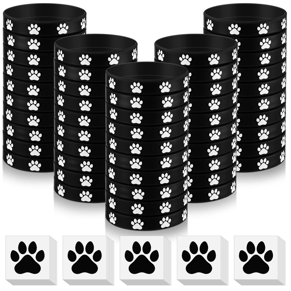 Soulchen 50 Pcs Paw Print Silicone Bracelets with 100pcs Dog Paw Sticker Rubber Wristbands for Birthday Puppy Animal Shower Party Decorations Supplies Accessories Goodie Bag Favor(Black)