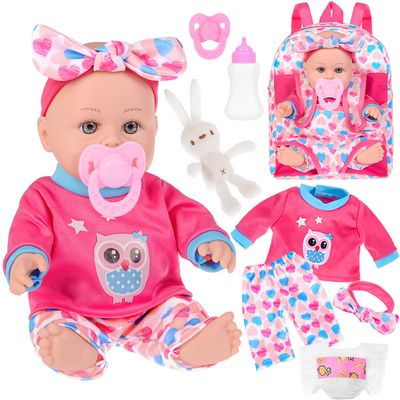 iBayda 12" Baby Doll in Gift Box with Backpack Carrier, Clothes, Feeding Bottle, Pacifier, Diaper and a Toy Rabbit Accessories, First Baby Dolls for Girls 3 Years and Up