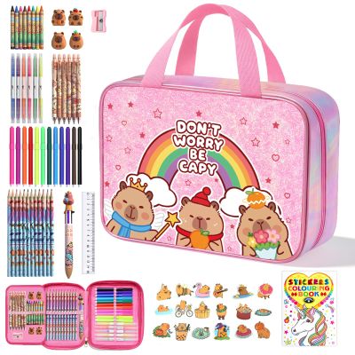 73PCS Capybara Washable Markers Set with Glitter Pencil Case,Art Supplies and Craft for Girls Ages 4-6-8,Kids Coloring Drawing Kit with Marker,Colored Pencil,Crayon,Gel Pen,Birthday Gift Toys for Girl
