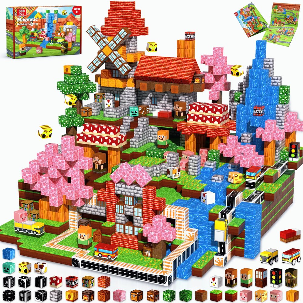 300 PCS Magnetic Blocks - Magnetic Building Block, Stacking Magnet Building Cubes for Kids, Magnetic Construction Toy for Boy Girl, STEM Montessori Sensory Toy Ages 3-12 Years Old Easter Birthday Gift