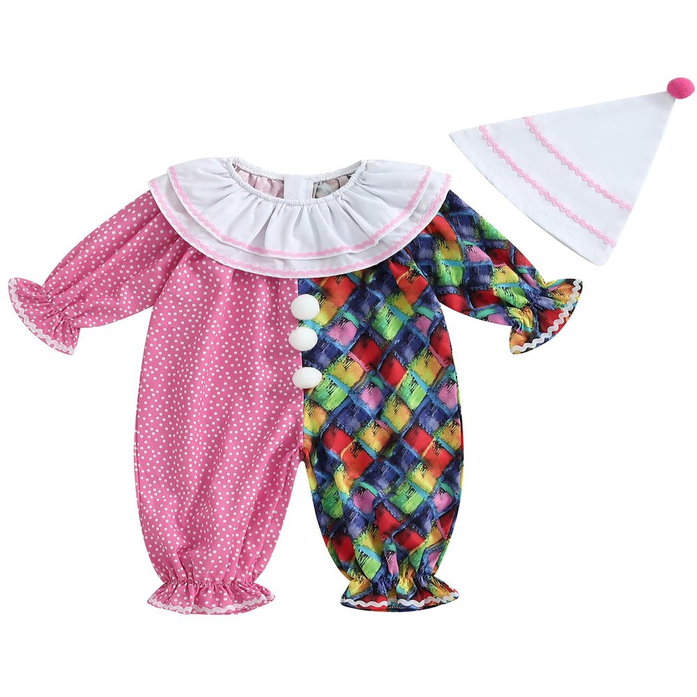 2Pcs Neutral Outfits Toddler Baby Boy Girl Halloween Romper Jumpsuit Clown Halloween Clothes with Hat (Pink, 6-12 Months)