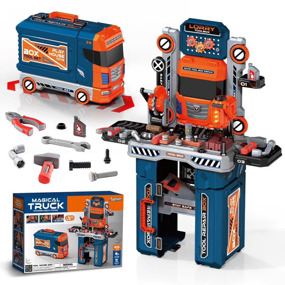 ShyLizard 65 Pcs Kids Tool Set, 2-in-1 Kids Tool Box & Bench, Toddler Tool Set with Electric Drill and Power Miter Saw, Workbench for Boys Age 3 4 5 6 7 8 Year Old