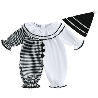 2Pcs Neutral Outfits Toddler Baby Boy Girl Halloween Romper Jumpsuit Clown Halloween Clothes with Hat (White, 6-12 Months)