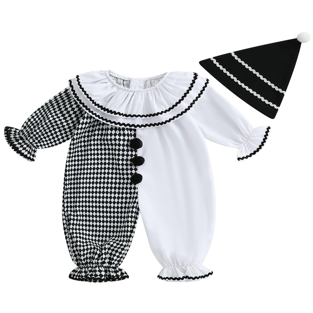 2Pcs Neutral Outfits Toddler Baby Boy Girl Halloween Romper Jumpsuit Clown Halloween Clothes with Hat (White, 6-12 Months)