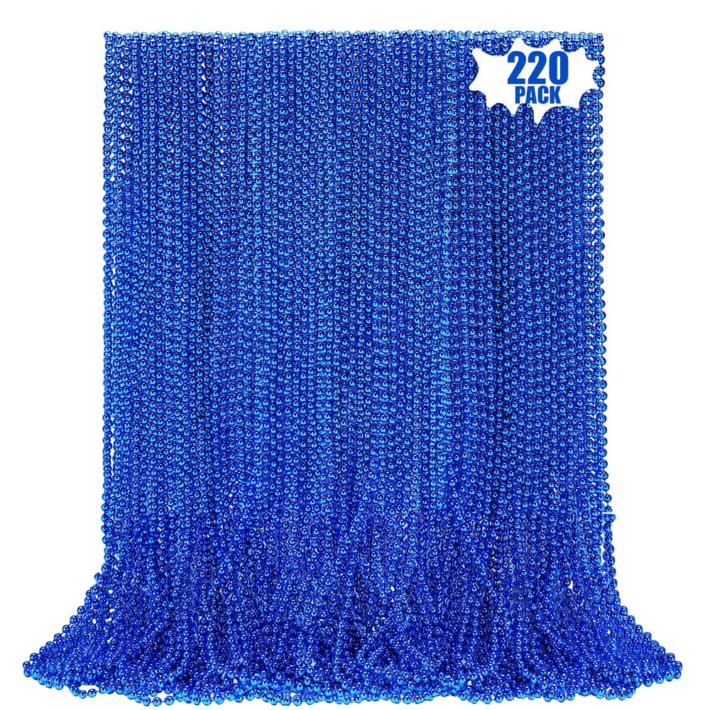 LINSIRON 220 PCS Blue Bead Necklace, 33 Inch Mardi Gras Christmas Beads, Bulk Metallic Party Beads for Mardi Gras Parade, St Patricks Day, Wedding, Birthday, Pirate Carnival Party Favors