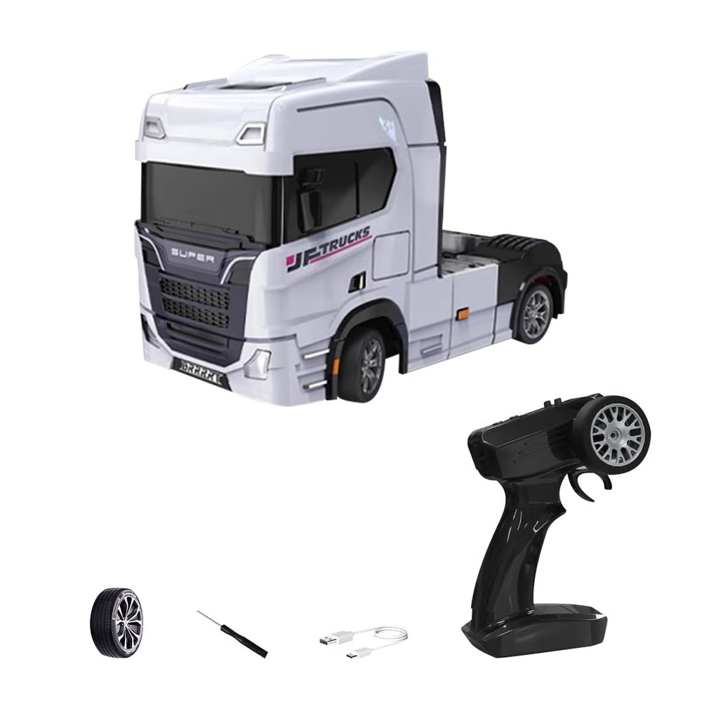 PrecisionX 1/43 Scale 2.4G Full-Proportional Mini RC Drifting Semi-Truck with Gyroscope, Road Cones and Drift Tires,Ready to Run (White)