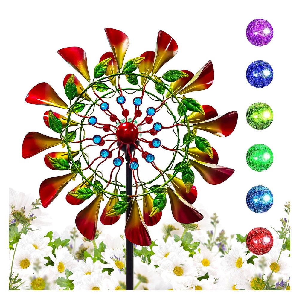 83in Metal Windmill Garden Spinners Solar Powered Glass Ball with Kinetic Outdoor Windmill