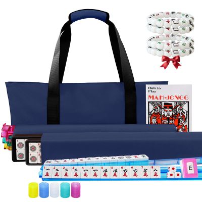 American Mahjong Game Set with Blue Carrying Bag,166 Premium White Tiles (1.2''), All-in-One Color Rack/Pushers, Chips, Wind Indicator, English Manual, Complete Mah jongg, Mahjong Tiles Set (Blue)