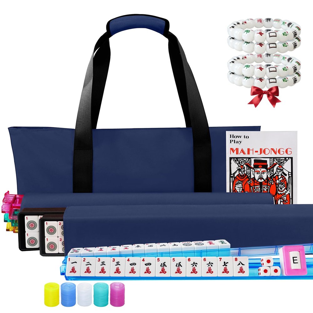 American Mahjong Game Set with Blue Carrying Bag,166 Premium White Tiles (1.2''), All-in-One Color Rack/Pushers, Chips, Wind Indicator, English Manual, Complete Mah jongg, Mahjong Tiles Set (Blue)