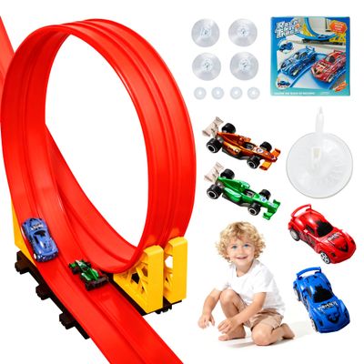 MINDNOOK 16 Ft Flexible Race Car Track Set for Kids, Portable Roll-Up Racetrack with 4 Cars & Suction Cups, Compatible with 1:64 Diecast Toy Cars, Gift for Boys & Girls Ages 3+
