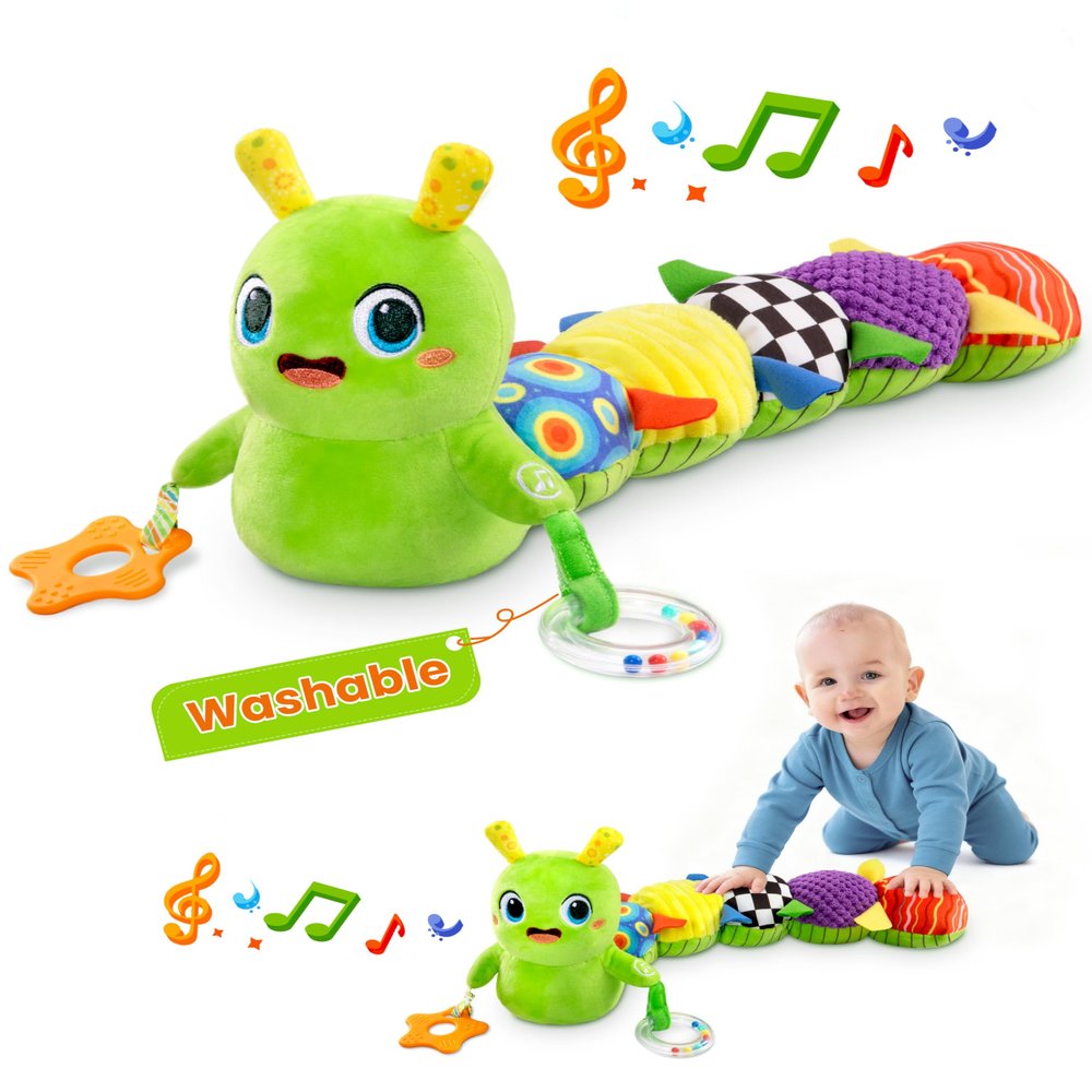gogonova Baby Musical Caterpillar Toy 0-12 Months, Washable Teething Rattle with 10 Kids Songs, Infant Tummy Time Toy for Newborn Boys Girls (Green)