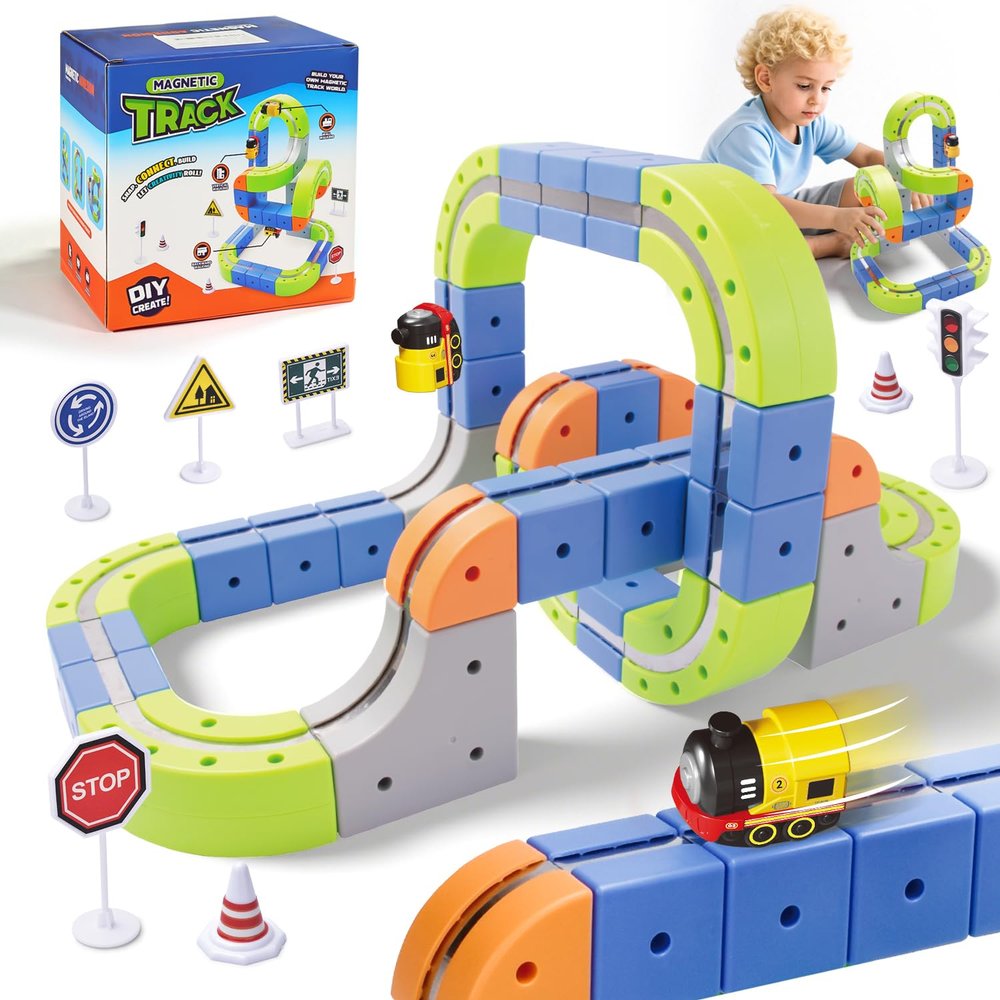Aotonow 69PCS Electric Magnetic Train Track Sets  DIY Race Car Track Building Kits with Train and Traffic Signs, 3D STEM Toy for Toddlers and Kids, Boys and Girls Ages 3-8, Birthday Gift (Medium)