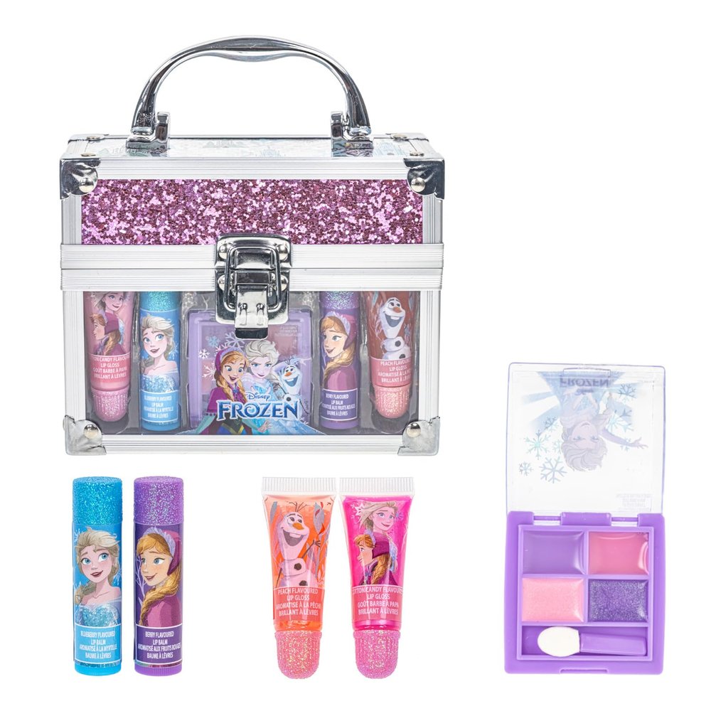 Disney Frozen Beauty Mini Train Case Set Includes Lip Gloss Tube, Lip Balm, Lip Gloss Compact for Girls,for Parties, Sleepovers by Townley Girl