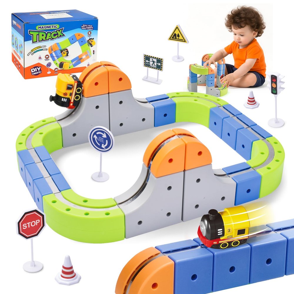 Aotonow 58PCS Electric Magnetic Train Track Sets  DIY Race Car Track Building Kits with Train and Traffic Signs, STEM Toy for Toddlers and Kids, Boys and Girls Ages 3-8, Birthday Party Gifts (Small)