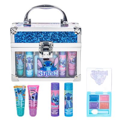 Disney Stitch Beauty Mini Train Case Set Includes Lip Gloss Tube, Lip Balm, Lip Gloss Compact for Girls Parties, Sleepovers by Townley Girl