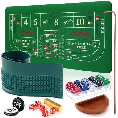 Lunmon Craps Tabletop Game Set Includes 35x70 Rubber Tabletop Layout Mat Craps Diamond Pyramid Rubber Bumper, Rattan Stick, Grade AAA 19mm Dice, On/Off Buttons, 100 Poker Chips (Professional)