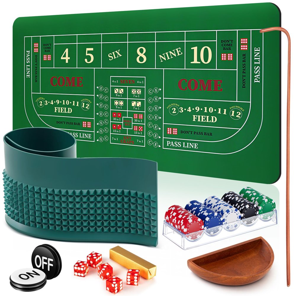 Lunmon Craps Tabletop Game Set Includes 35x70 Rubber Tabletop Layout Mat Craps Diamond Pyramid Rubber Bumper, Rattan Stick, Grade AAA 19mm Dice, On/Off Buttons, 100 Poker Chips (Professional)