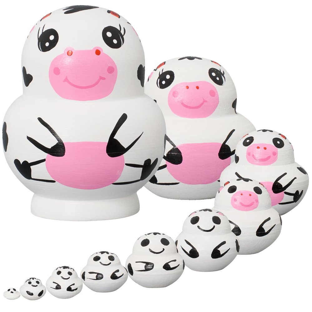 Seenelling 10 Pcs Russian Nesting Dolls Wooden Handmade Nesting Dolls Toys Animal Russian Cute Matryoshka for Kids Children Christmas Home Decor Birthday Gift(Cute Cow)