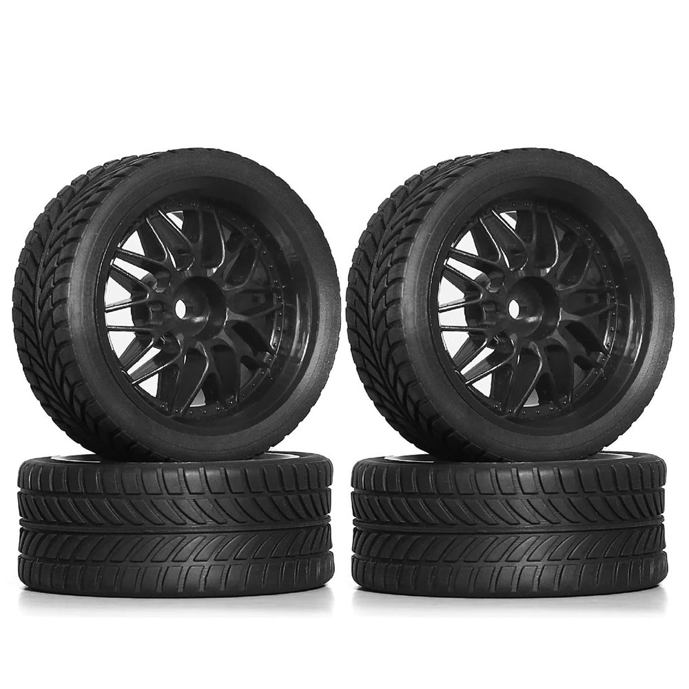 1/10 RC Rally Racing Wheels & Tires 12mm Hex, On-Road Rubber Tyres for Tam-iya XV02/XV01/TA06/TT01/TT02 PTG2 for HPI for KYOSHO(Black)