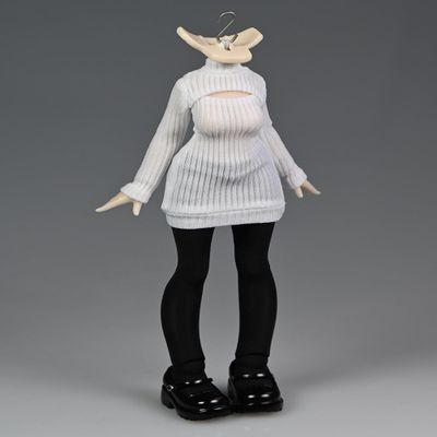 1/12 Scale Female Clothes, Faux Two-Piece Tight-Fitting Stretchy Long Sleeves Top & Black Knee-high Socks & Shiny Leather Shoes for 6 inch Female Action Figure Body (White Long top)