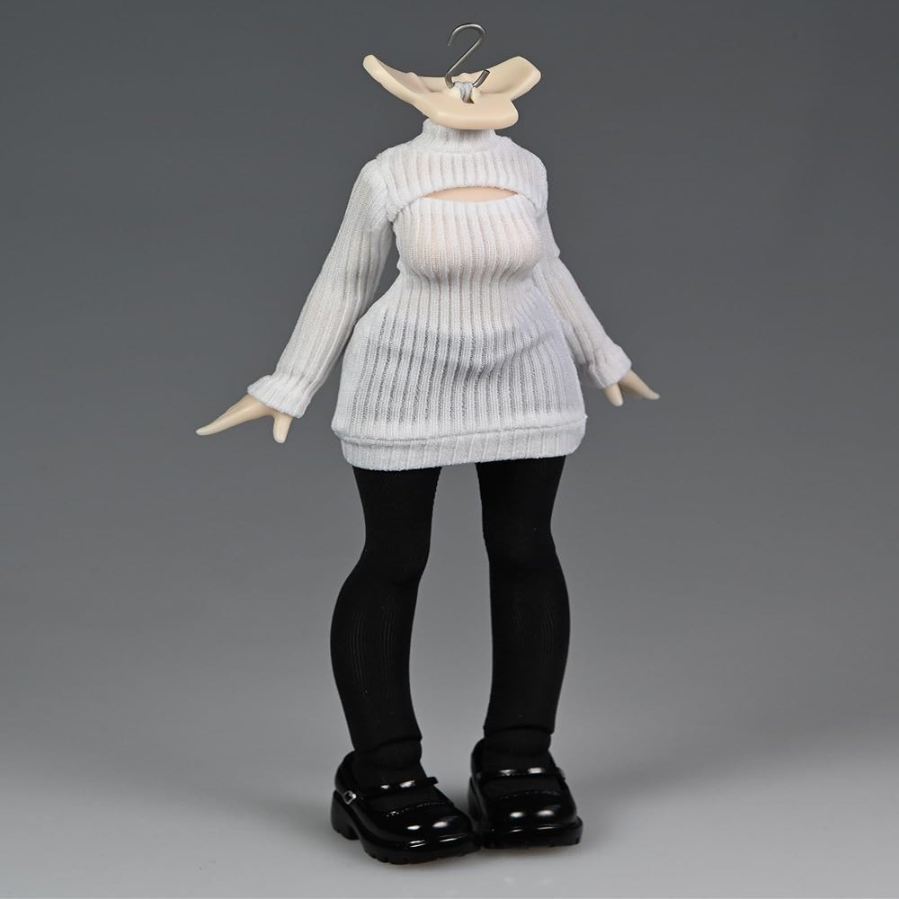 1/12 Scale Female Clothes, Faux Two-Piece Tight-Fitting Stretchy Long Sleeves Top & Black Knee-high Socks & Shiny Leather Shoes for 6 inch Female Action Figure Body (White Long top)