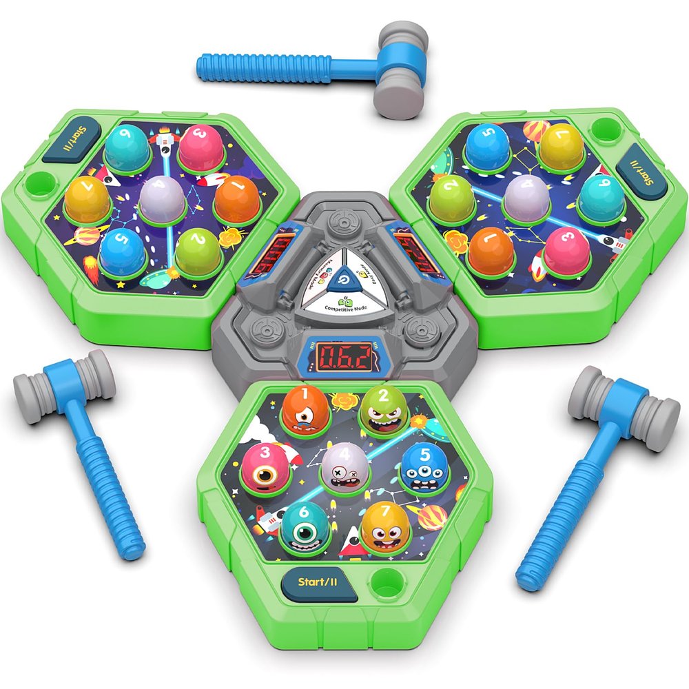 TooLion 3-Player Whack Game Mole for Kids 3-12 Boys Girls - 3 Independent Game Boards,3 Modes with Sound & Light,Safe Educational Pounding Toy,Christmas Birthday Gift for Multi-Kid Families,Green