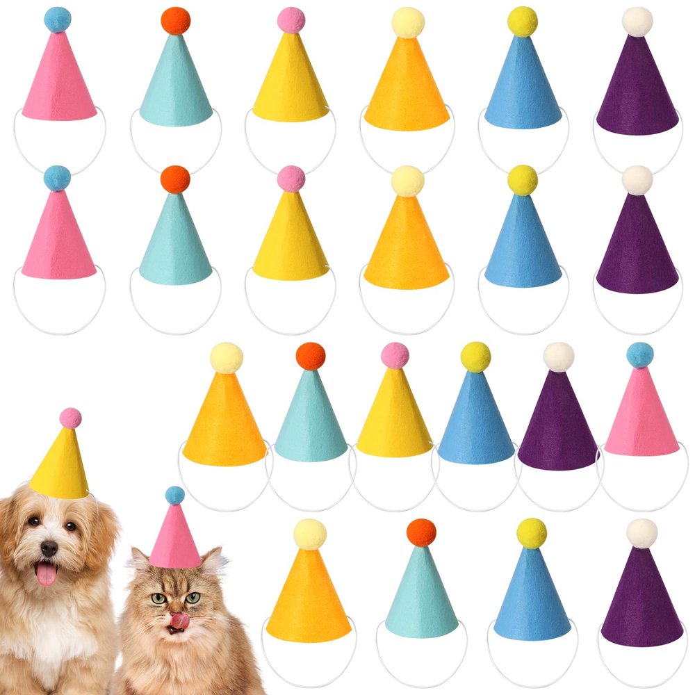 24 Pcs Mini Party Hat for Stuffed Animals, Tiny Party Hats with Pompom and Elastic Rope for Dolls, Dog, Cat, Rabbit, Puppies, Assorted Animal Birthday Decorations