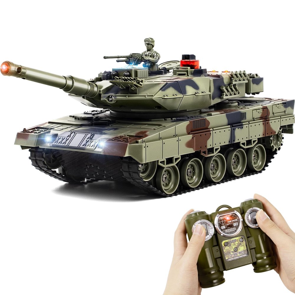 DBshoot 1/24 Remote Control Tank, 2.4GHz German Leopard II RC Tank & Recoil Force & 330Turret Rotation. Army Toys Infrared Battle Toys with Smoke and Sound Effect Gift for Boys