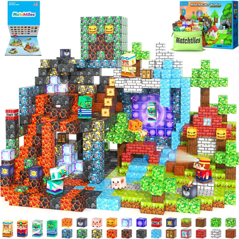 150 PCS Magnetic Blocks Toys, Build Mine Magnet World Set, Magnetic Tiles Building for Boys & Girls Age 4-8 5-7, STEM Montessori Sensory Toys for Toddlers Kids Gifts