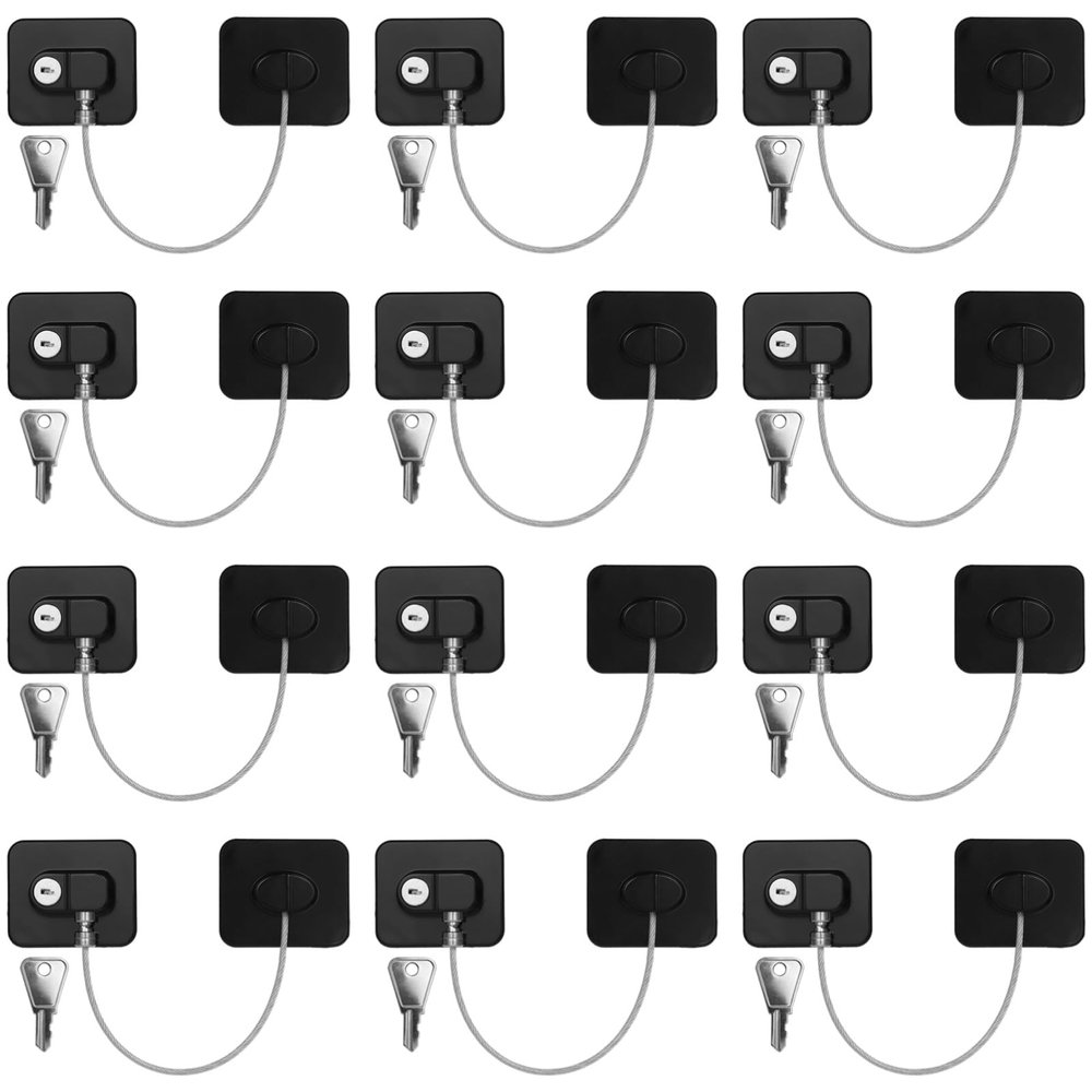 12 PCS Refrigerator Lock with 12 Keys, Adhesive Fridge Locks with Steel Wire, Safety Locks for Freezer, Cabinet, File Drawer, Closet, Kitchen Appliance, Furniture(Black