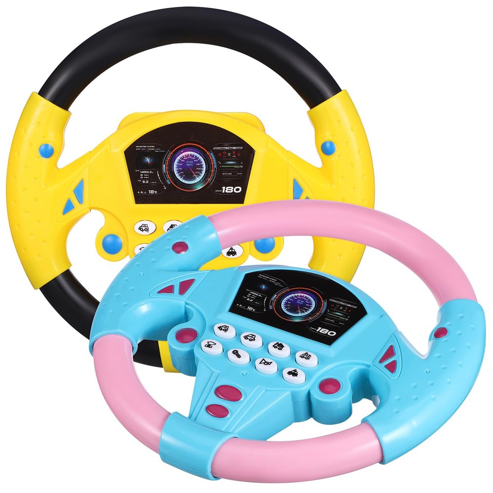 DOITOOL Kids Steering Wheel Toy with Light and Music 2 Pcs Simulated Driving Controllers with Suction Cups Interactive Electric Sound Pretend Play Car Steering Wheel for Early Learning Ages 3