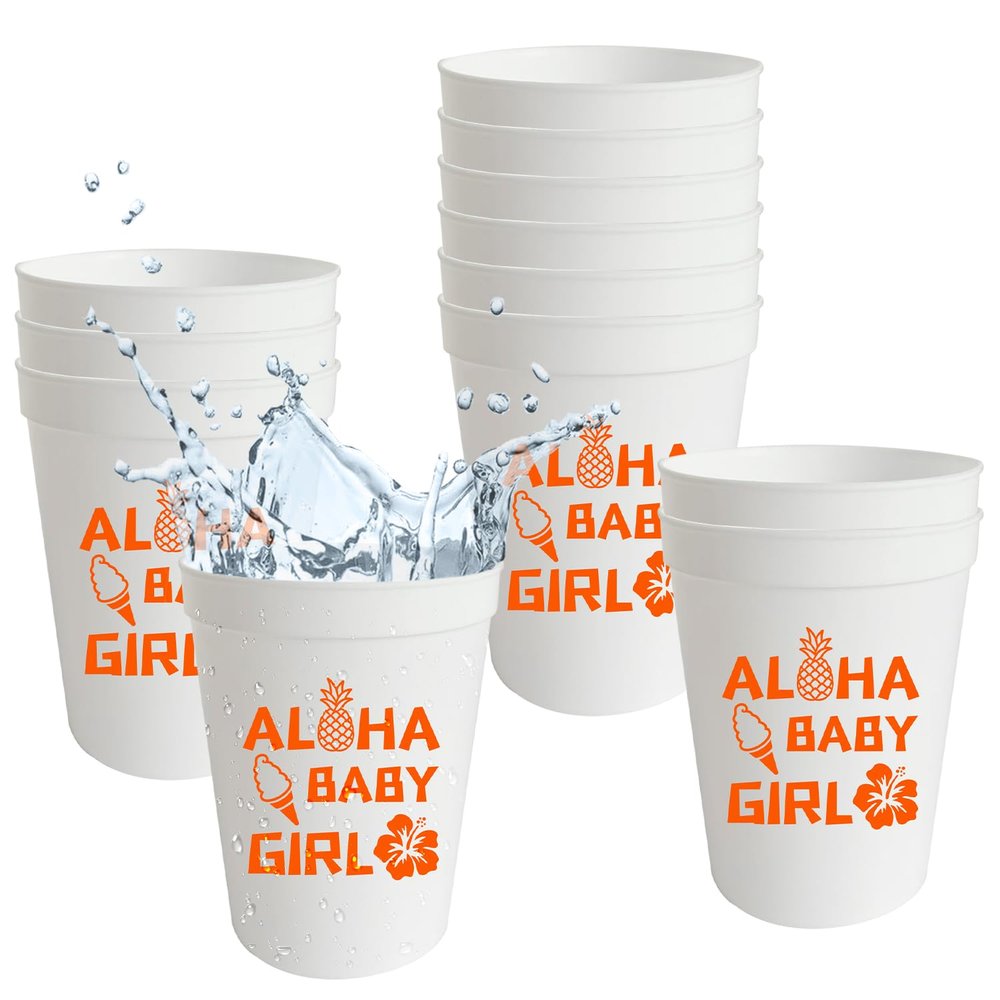 12Pcs Aloha Baby Girl Plastic Cups Summer Baby Shower Party Drinkware 16oz Tropical Hawaiian Gender Reveal Welcome Sweet Baby Party Decoration