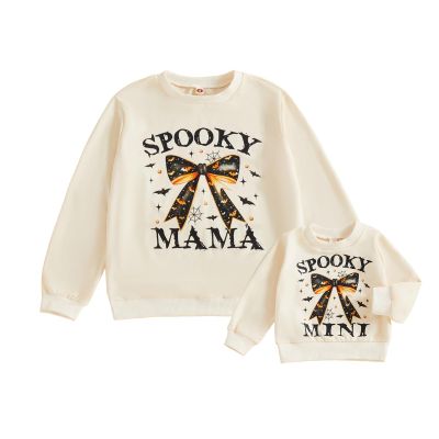 Mommy and Me Outfit Halloween Spooky Print Long Sleeve Crewneck Sweatshirts Romper Matching Fall Clothtes (Toddler, 6-12 Months, Pullover Beige)