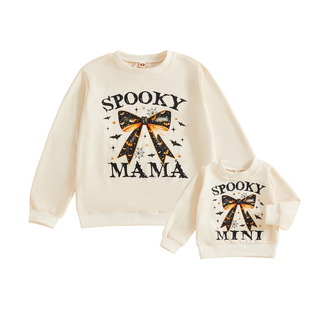 Mommy and Me Outfit Halloween Spooky Print Long Sleeve Crewneck Sweatshirts Romper Matching Fall Clothtes (Toddler, 6-12 Months, Pullover Beige)