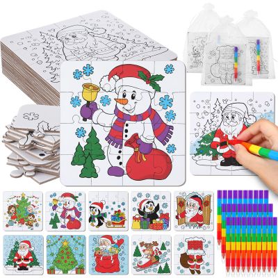 Arrowbash 30 Pack Color Your Own Christmas Jigsaw Puzzles for Kids Stackable Crayons Gift Bag DIY Religious Christmas Craft Paper Puzzle to Draw on