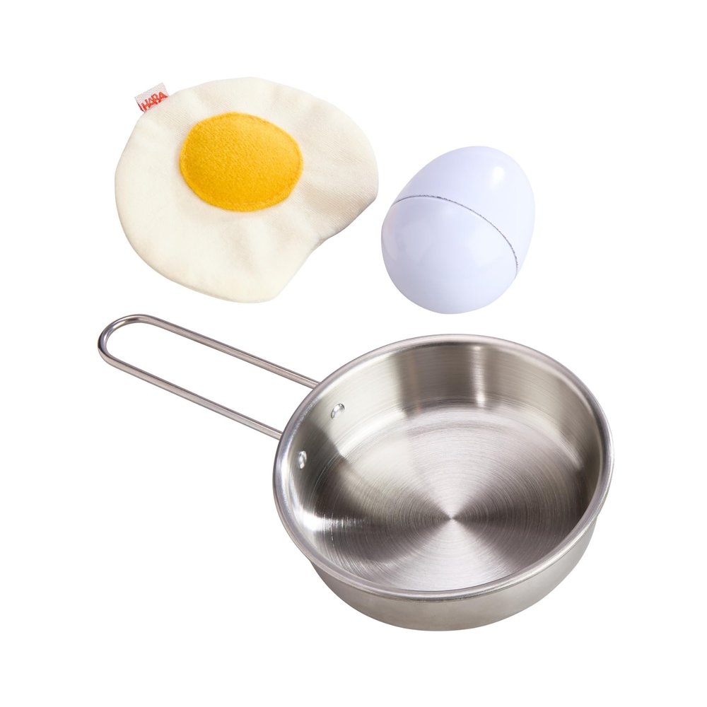 HABA Egg Toy and Frying Pan Set Metal Egg with Soft Center for Play Kitchens