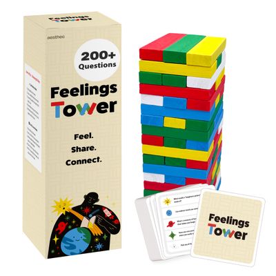 Feelings Tower Therapy Game for Kids & Teens  Emotion Regulation Stacking Blocks with Conversation Cards, 208 CBT Questions for Therapeutic Learning, Educational Play, Connection and Social Skills