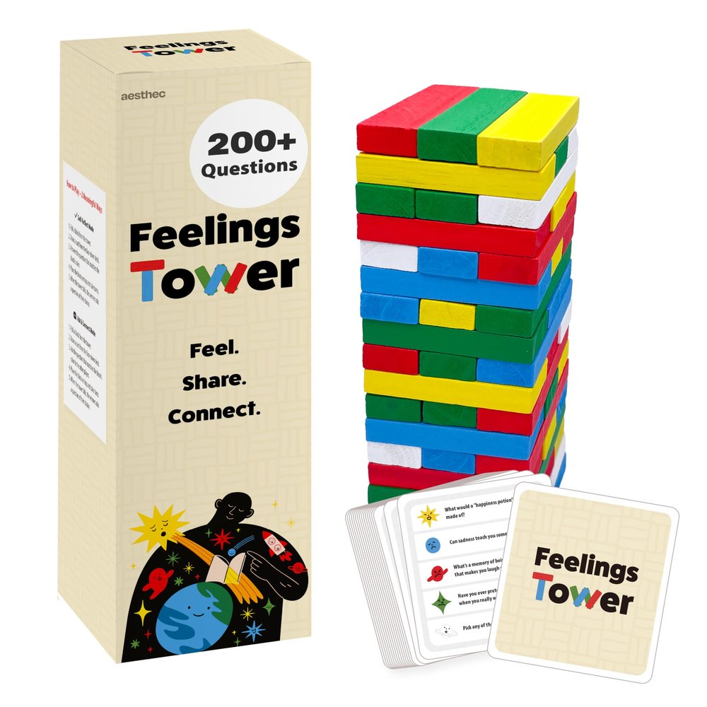 Feelings Tower Therapy Game for Kids & Teens  Emotion Regulation Stacking Blocks with Conversation Cards, 208 CBT Questions for Therapeutic Learning, Educational Play, Connection and Social Skills