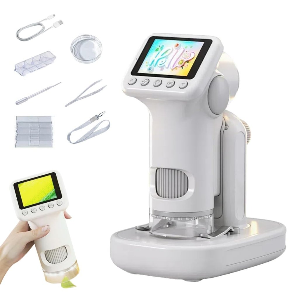 2 inch 1080P Microscope for Kids,4-in-1 Handheld & Desktop Digital Zoom 100X-1600X Digital,6 LED Lights,Includes 4 Blank & 2 Prepared Slides,Kids Microscope Educational Science Toy Age 8-12 (White)
