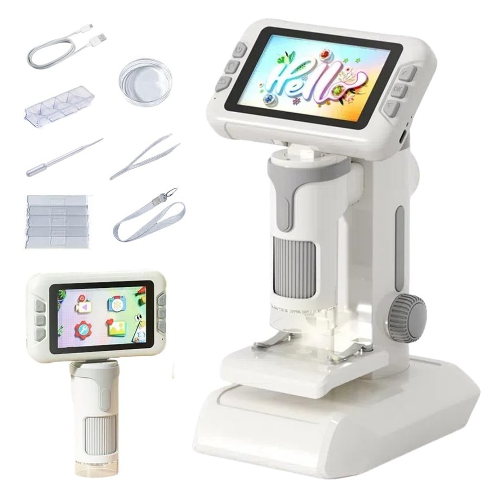 4 inch 1080P Microscope for Kids,2-in-1 Handheld & Desktop Digital Zoom 100X-1600X Digital,6 LED Lights,Includes 4 Blank & 2 Prepared Slides,Kids Microscope Educational Science Toy Age 8-12 (White)