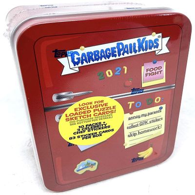 Garbage Pail Kids 2021 Food Fight Value Blaster Tin 10 Packs + 3 Celebrity Chef Cards (83 Total Sticker Cards) 1 Random Color Tin (Red, Green, or Orange) GPK Box