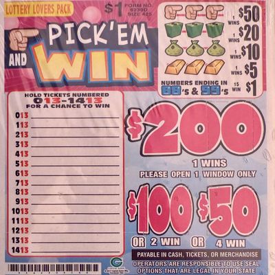 Pick em Win $200 Bingo Pull Tab Game, Seal Card