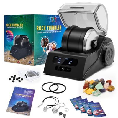 Rock Tumbler Kit Adults - Rock Polisher Tumbler with Noise Reduction Cover, Speed&Timer Control, Includes 4 Polishing Grits, Rough Gemstones, Learning Guide etc.Black