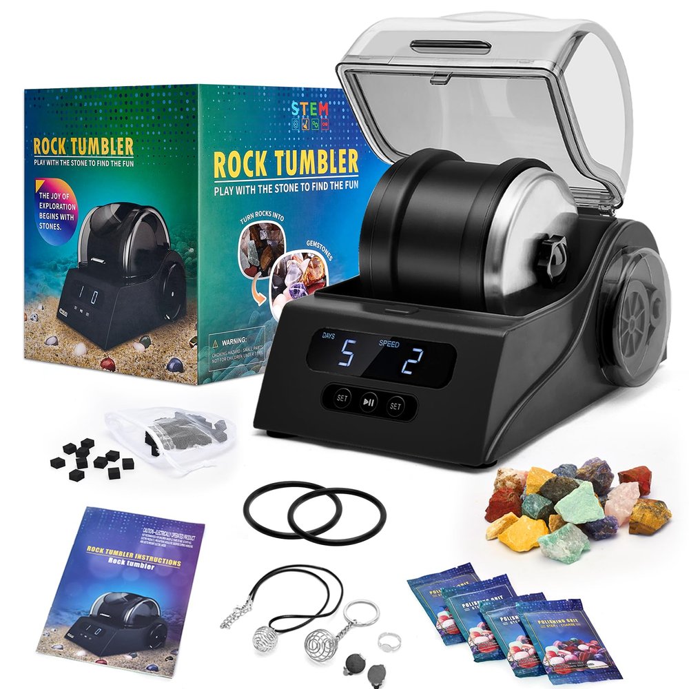 Rock Tumbler Kit Adults - Rock Polisher Tumbler with Noise Reduction Cover, Speed&Timer Control, Includes 4 Polishing Grits, Rough Gemstones, Learning Guide etc.Black